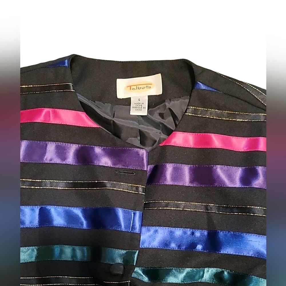 🥰TALBOTS 4  BLAZER DRESSY JACKET BLACK RAINBOW SATIN RIBBON STRIPE GOLD THREAD - Picture 8 of 11